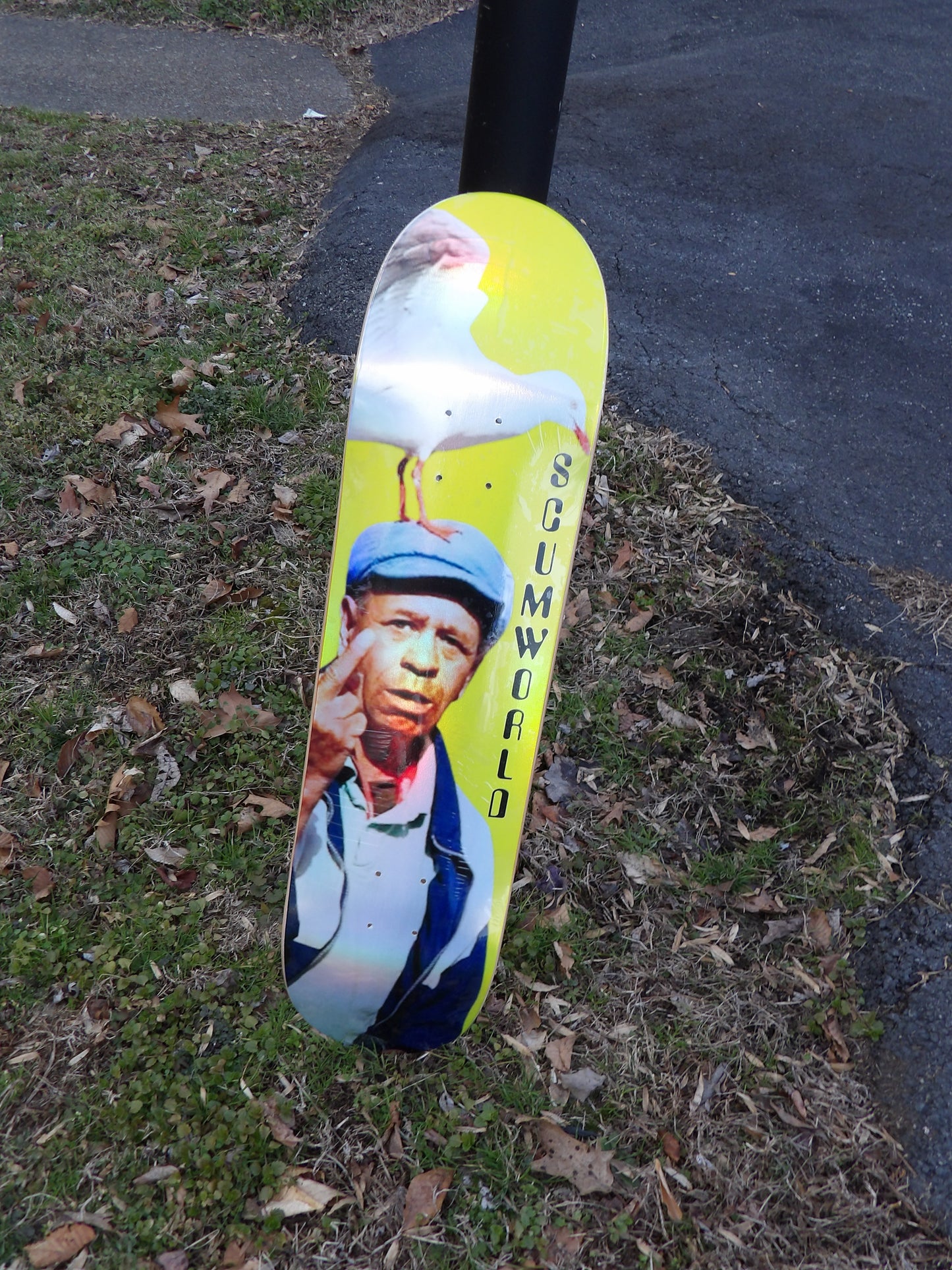 Middle finger bird skate deck.